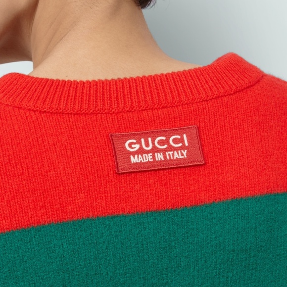 size XL - Gucci Striped V-neck Felted Wool Jumper Sweater Red Green - Picture 3 of 8